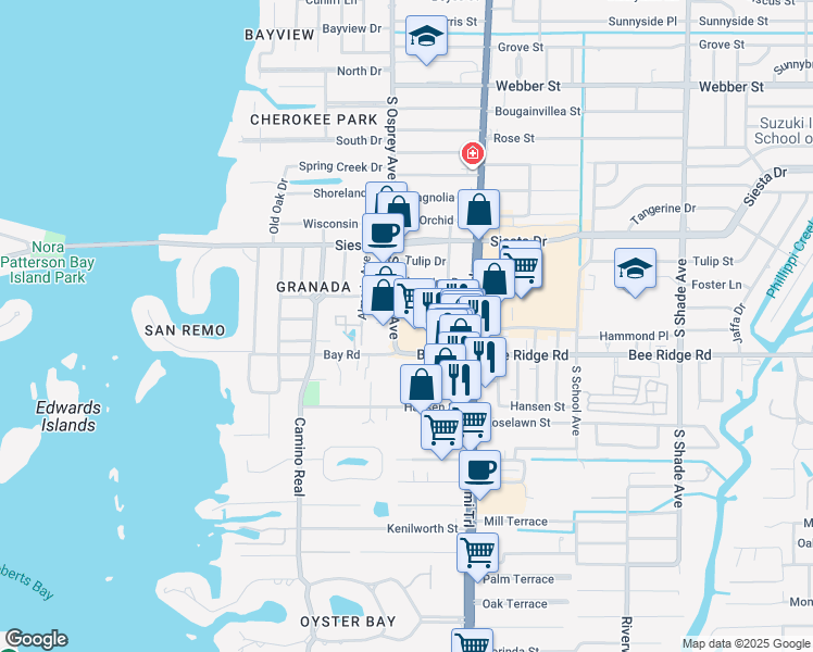 map of restaurants, bars, coffee shops, grocery stores, and more near Paradise Plaza in Sarasota
