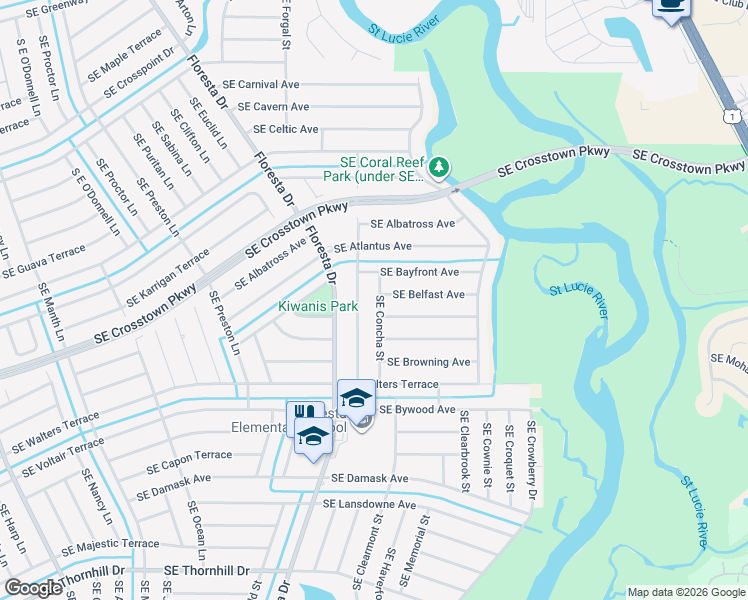map of restaurants, bars, coffee shops, grocery stores, and more near 1334 Southeast Concha Street in Port St. Lucie
