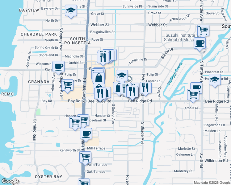 map of restaurants, bars, coffee shops, grocery stores, and more near 3805 South School Avenue in Sarasota