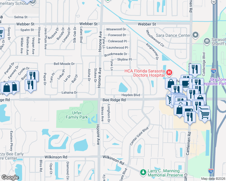map of restaurants, bars, coffee shops, grocery stores, and more near 5350 Castleman Drive in Sarasota