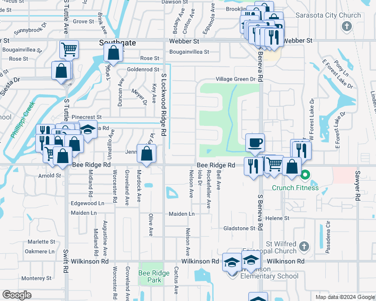 map of restaurants, bars, coffee shops, grocery stores, and more near 3242 Gifford Lane in Sarasota