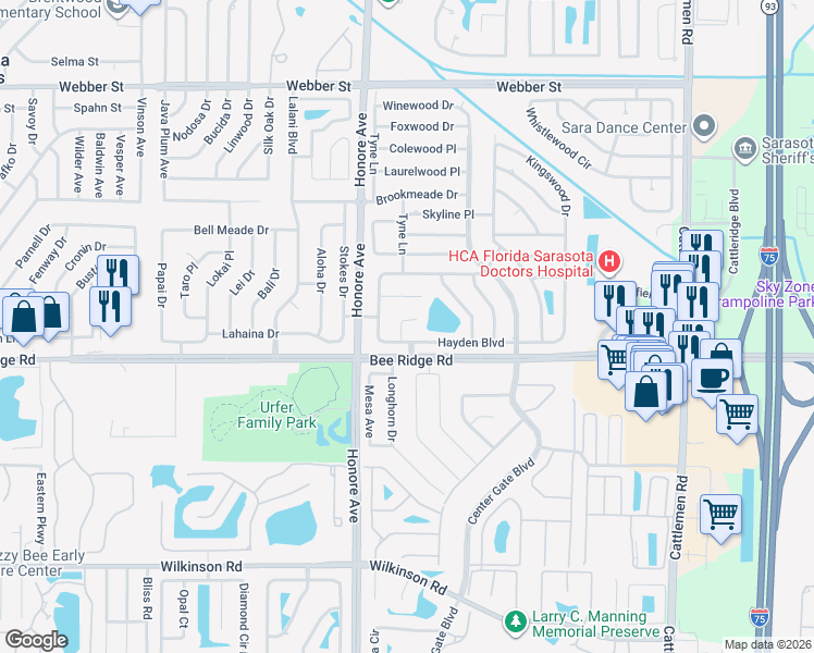 map of restaurants, bars, coffee shops, grocery stores, and more near 5350 Castleman Drive in Sarasota