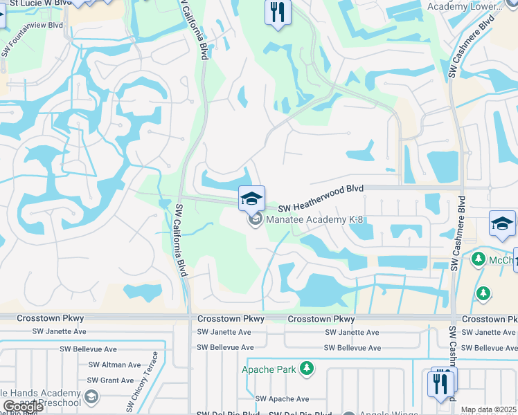 map of restaurants, bars, coffee shops, grocery stores, and more near 1450 Southwest Heatherwood Boulevard in Port St. Lucie