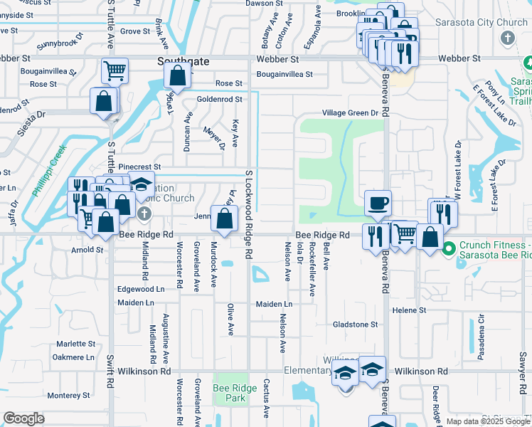 map of restaurants, bars, coffee shops, grocery stores, and more near 3242 Gifford Lane in Sarasota