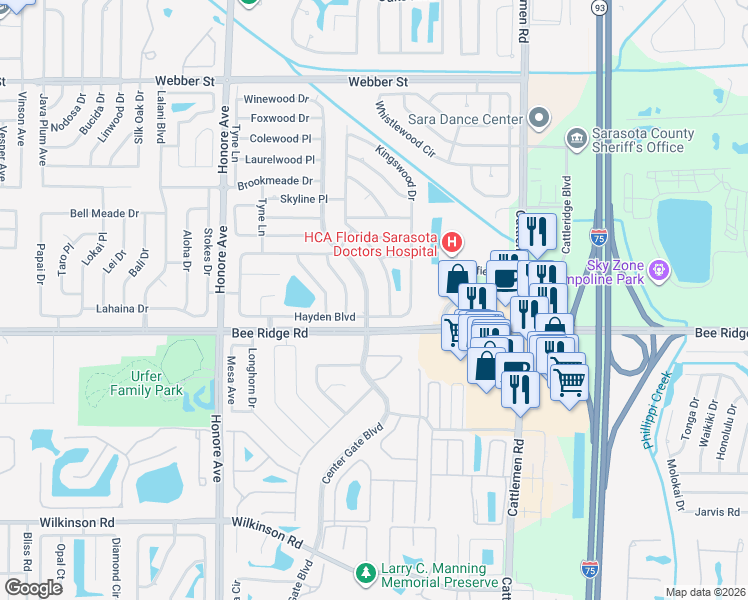 map of restaurants, bars, coffee shops, grocery stores, and more near 3737 Woodmont Drive in Sarasota