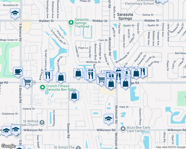 map of restaurants, bars, coffee shops, grocery stores, and more near 3714 Belmont Boulevard in Sarasota