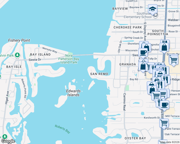 map of restaurants, bars, coffee shops, grocery stores, and more near 1340 Tangier Way in Sarasota