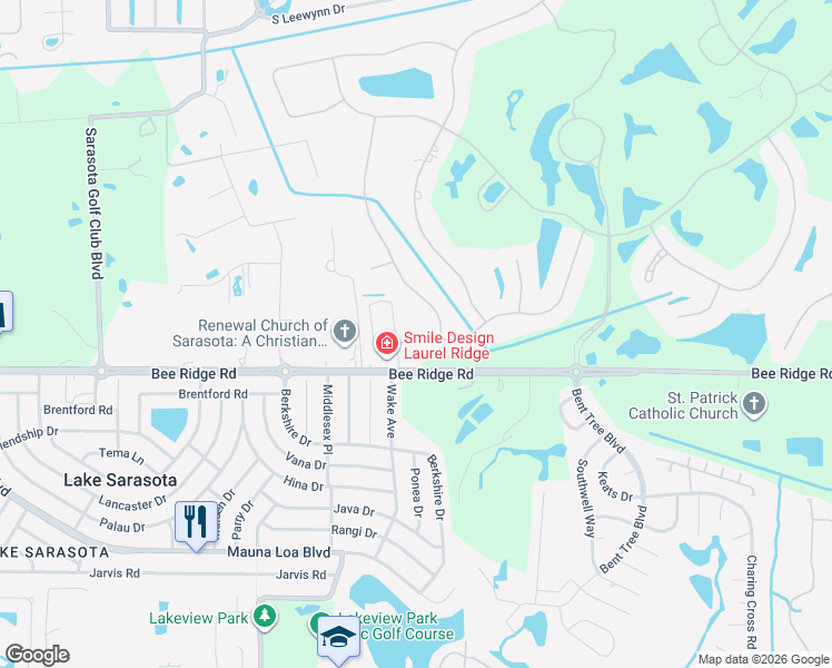 map of restaurants, bars, coffee shops, grocery stores, and more near 7568 Alister Mackenzie Drive in Sarasota