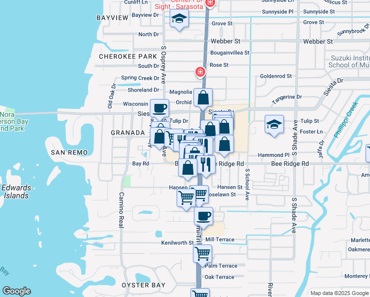 map of restaurants, bars, coffee shops, grocery stores, and more near 15 Paradise Plaza in Sarasota