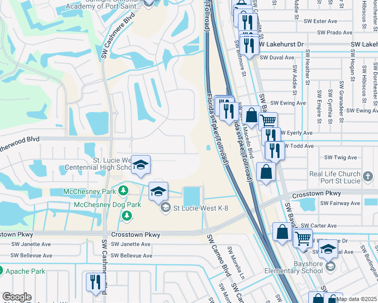 map of restaurants, bars, coffee shops, grocery stores, and more near 887 Southwest Rocky Bayou Terrace in Port St. Lucie
