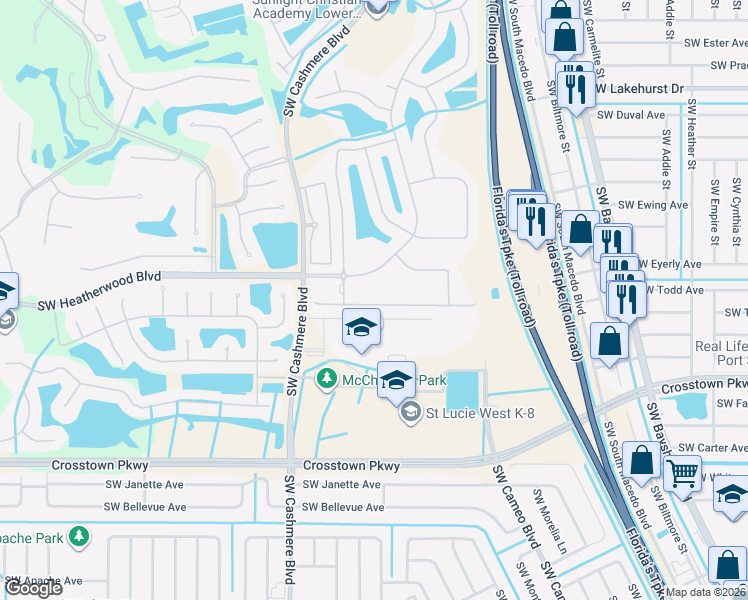 map of restaurants, bars, coffee shops, grocery stores, and more near 845 Southwest Rocky Bayou Terrace in Port St. Lucie