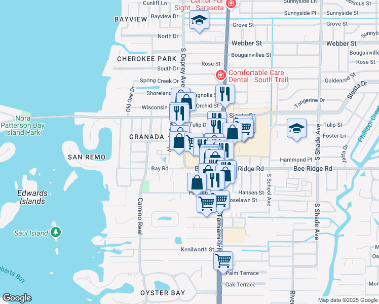 map of restaurants, bars, coffee shops, grocery stores, and more near 3 Paradise Plaza in Sarasota