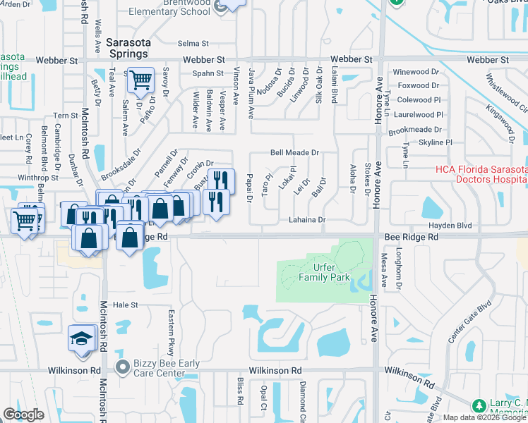 map of restaurants, bars, coffee shops, grocery stores, and more near 3768 Taro Place in Sarasota