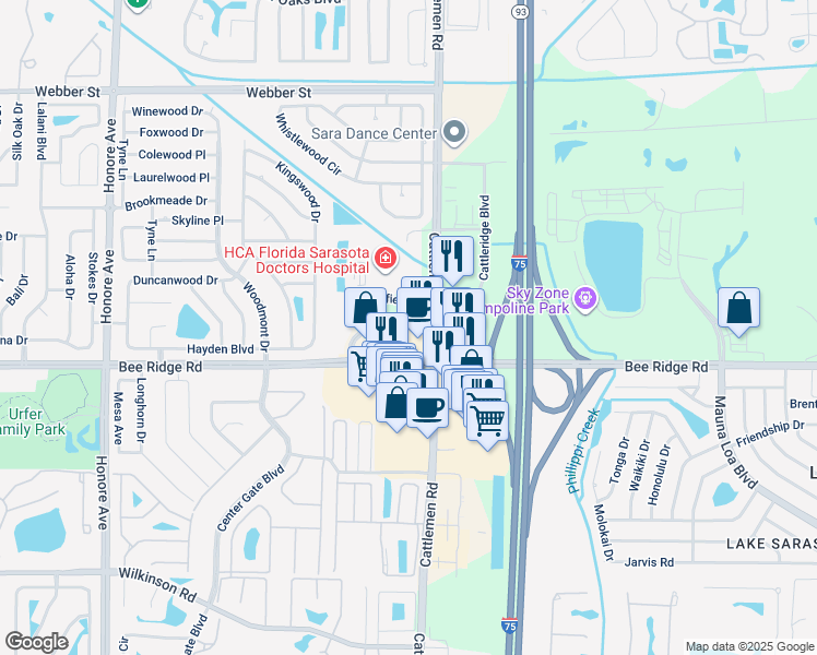 map of restaurants, bars, coffee shops, grocery stores, and more near in Sarasota Springs