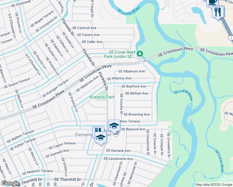 map of restaurants, bars, coffee shops, grocery stores, and more near 1334 Southeast Concha Street in Port St. Lucie