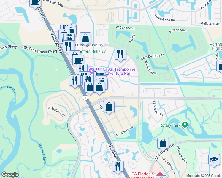 map of restaurants, bars, coffee shops, grocery stores, and more near 500 Southeast Pinewood Trail in Port St. Lucie