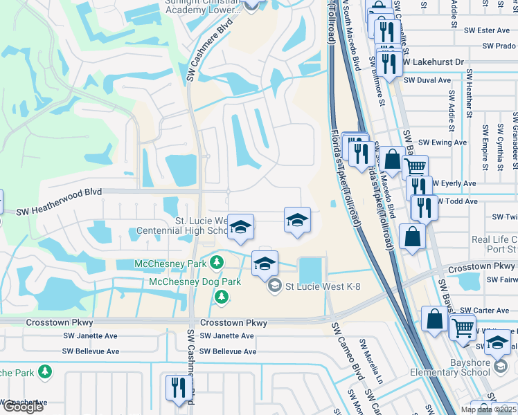 map of restaurants, bars, coffee shops, grocery stores, and more near 845 Southwest Rocky Bayou Terrace in Port St. Lucie