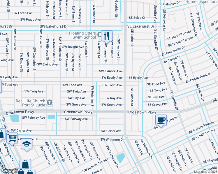 map of restaurants, bars, coffee shops, grocery stores, and more near 164 Southwest Todd Avenue in Port St. Lucie