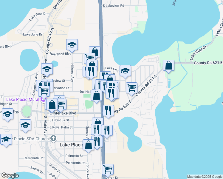 map of restaurants, bars, coffee shops, grocery stores, and more near 74 Tower Street in Lake Placid