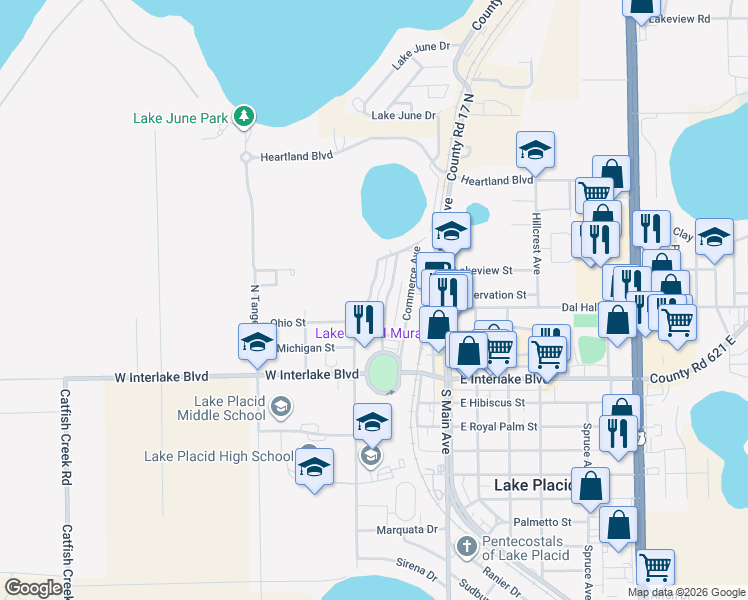 map of restaurants, bars, coffee shops, grocery stores, and more near 401 Ohio St in Lake Placid