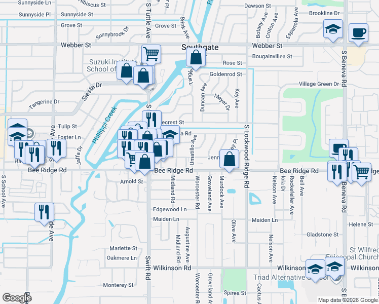 map of restaurants, bars, coffee shops, grocery stores, and more near 3001 Jennings Drive in Sarasota