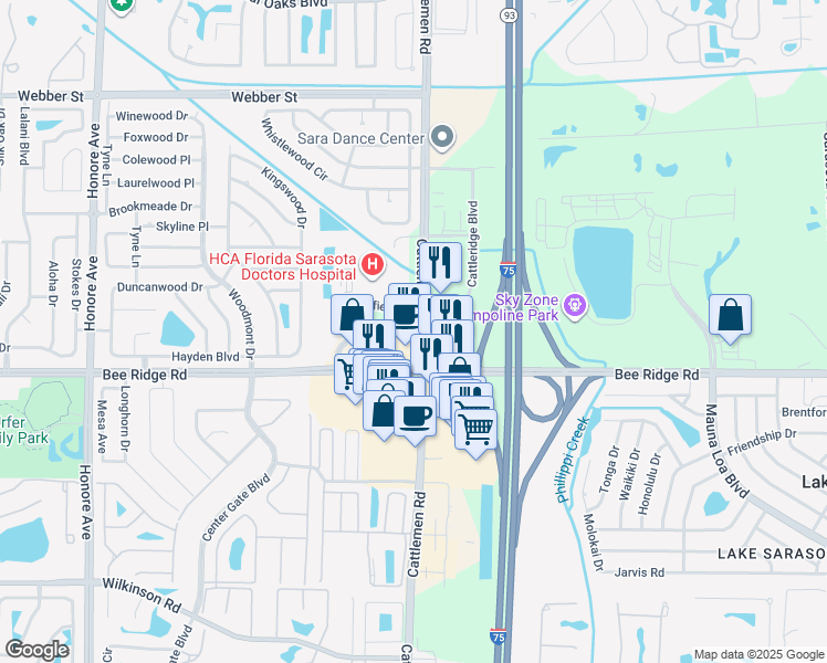 map of restaurants, bars, coffee shops, grocery stores, and more near 3700 Cattlemen Road in Sarasota