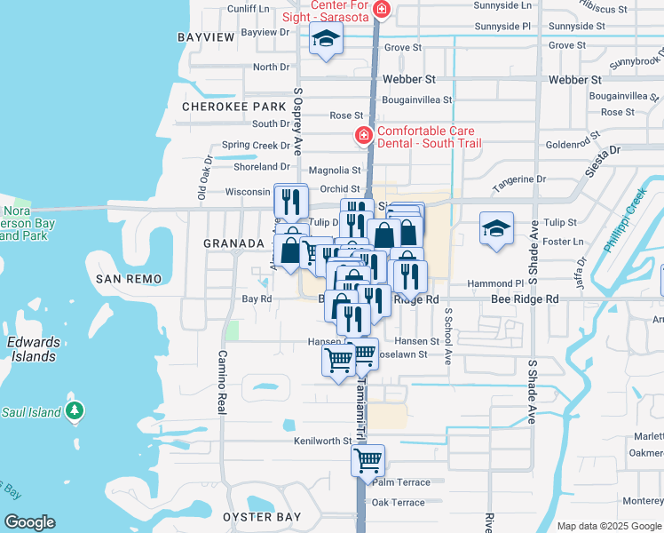 map of restaurants, bars, coffee shops, grocery stores, and more near 3 Paradise Plaza in Sarasota
