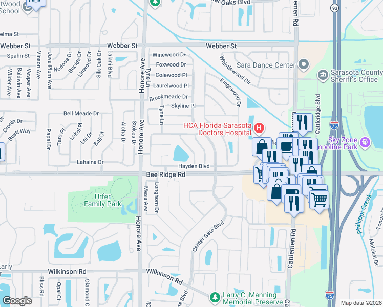 map of restaurants, bars, coffee shops, grocery stores, and more near 3723 Lakewood Drive in Sarasota