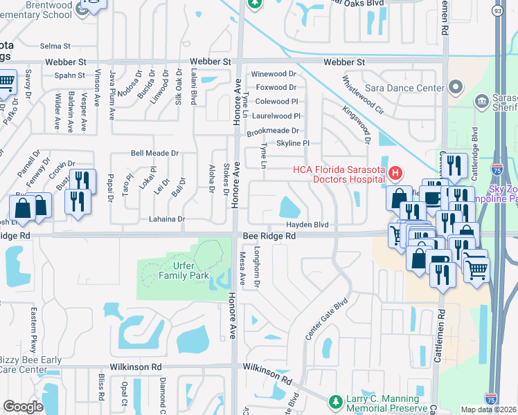 map of restaurants, bars, coffee shops, grocery stores, and more near 5350 Castleman Drive in Sarasota