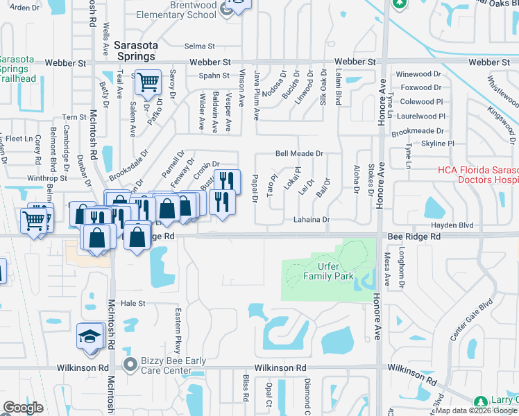 map of restaurants, bars, coffee shops, grocery stores, and more near 3768 Taro Place in Sarasota