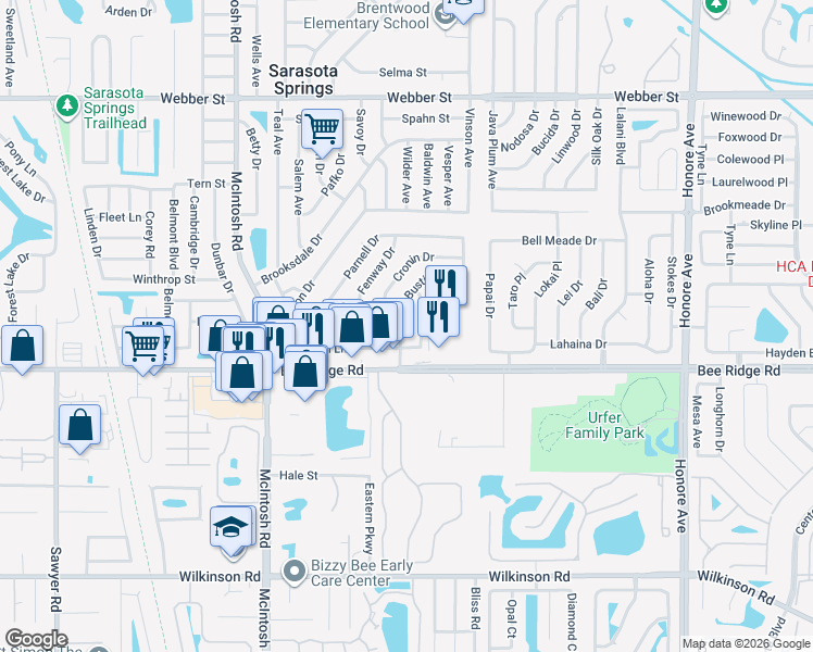 map of restaurants, bars, coffee shops, grocery stores, and more near 4568 Barton Drive in Sarasota