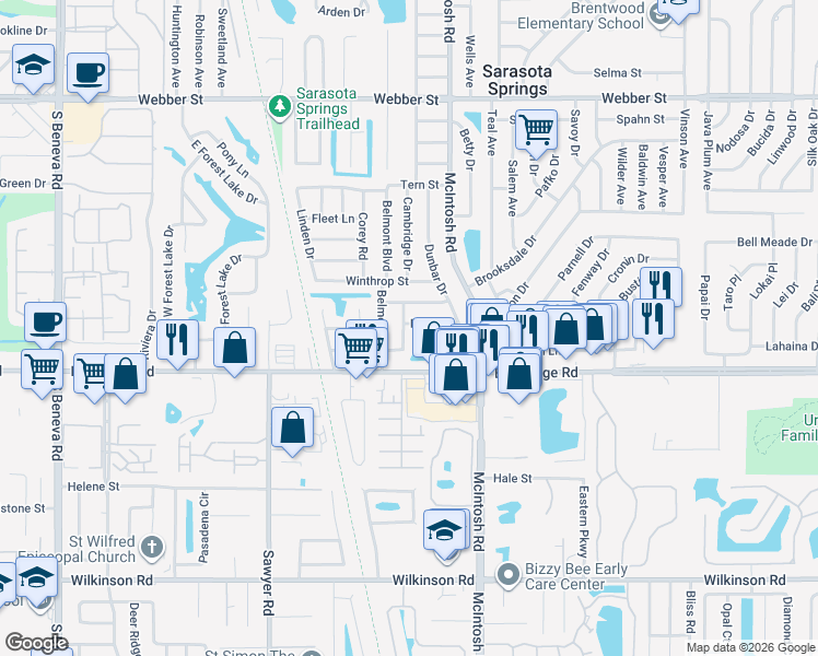 map of restaurants, bars, coffee shops, grocery stores, and more near 3709 Alden Way in Sarasota