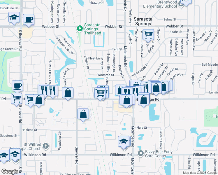 map of restaurants, bars, coffee shops, grocery stores, and more near 3714 Belmont Boulevard in Sarasota