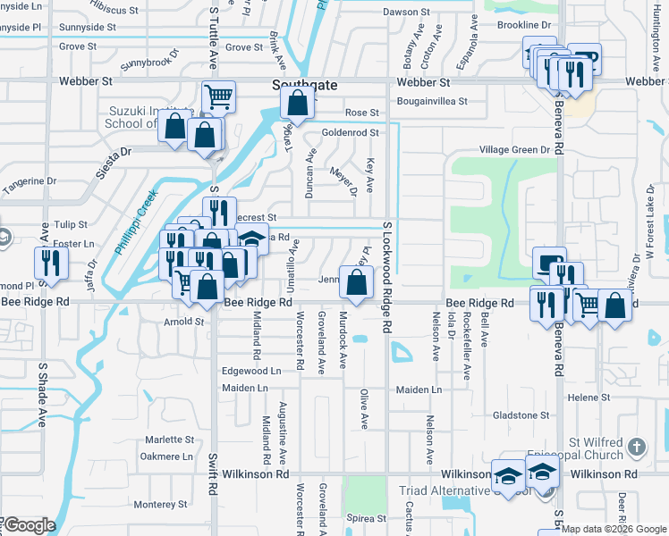map of restaurants, bars, coffee shops, grocery stores, and more near 3735 Thornton Place in Sarasota
