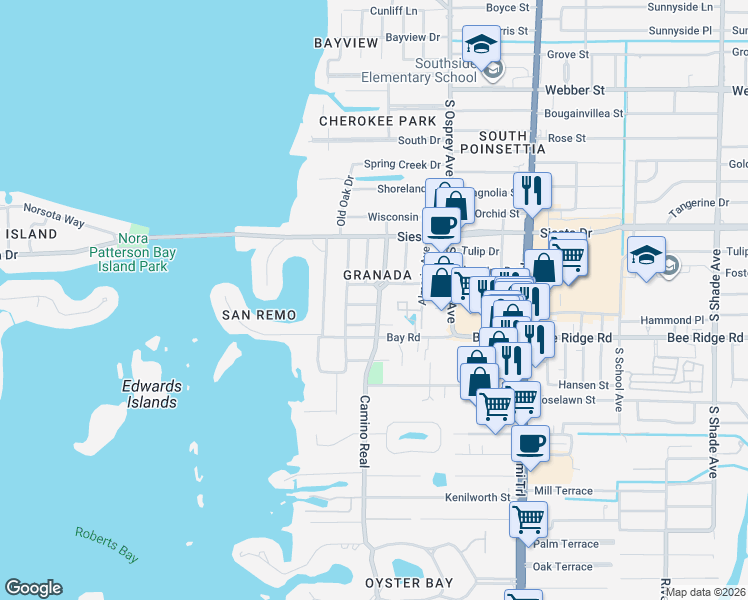 map of restaurants, bars, coffee shops, grocery stores, and more near 1656 Catalonia Lane in Sarasota