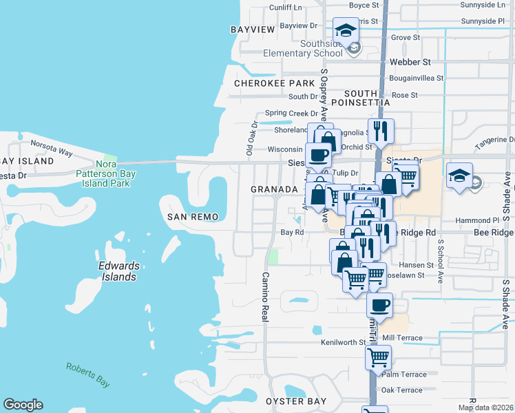 map of restaurants, bars, coffee shops, grocery stores, and more near 1656 Catalonia Lane in Sarasota