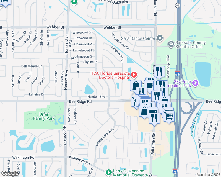 map of restaurants, bars, coffee shops, grocery stores, and more near 3737 Woodmont Drive in Sarasota