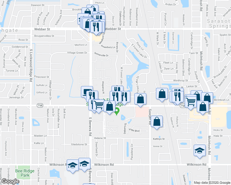 map of restaurants, bars, coffee shops, grocery stores, and more near 3708 Riviera Drive in Sarasota