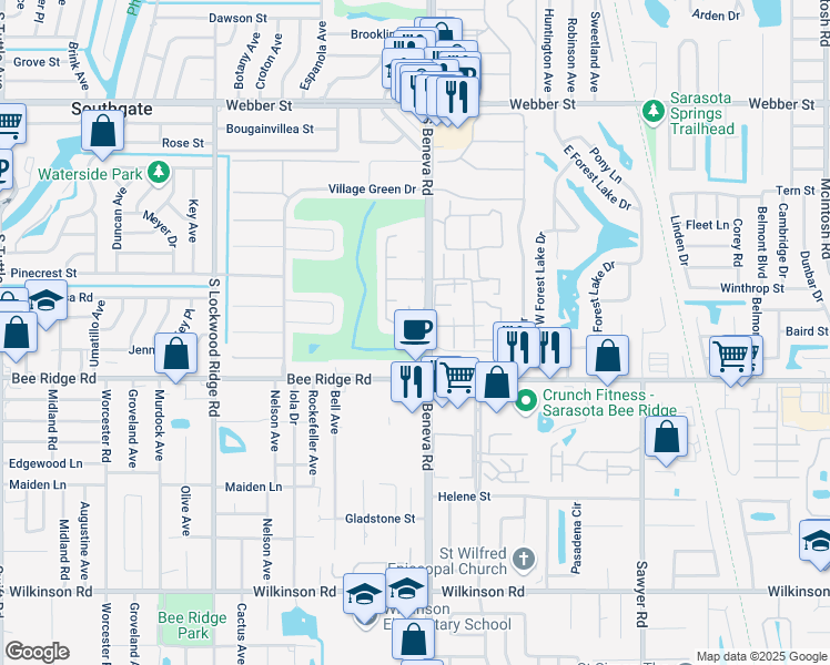 map of restaurants, bars, coffee shops, grocery stores, and more near 3632 Pembrook Drive in Sarasota