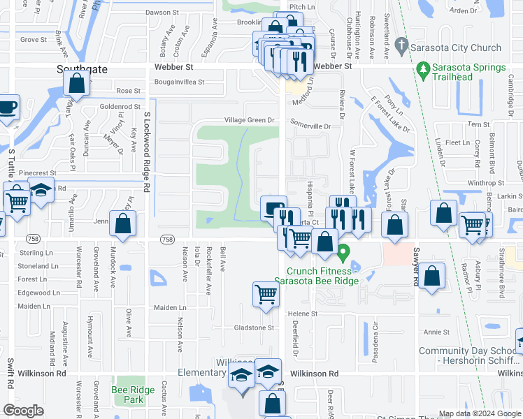 map of restaurants, bars, coffee shops, grocery stores, and more near 3632 Pembrook Drive in Sarasota
