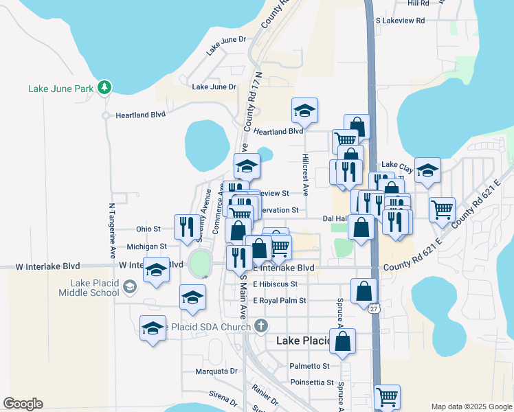 map of restaurants, bars, coffee shops, grocery stores, and more near 117 Dal Hall Boulevard in Lake Placid