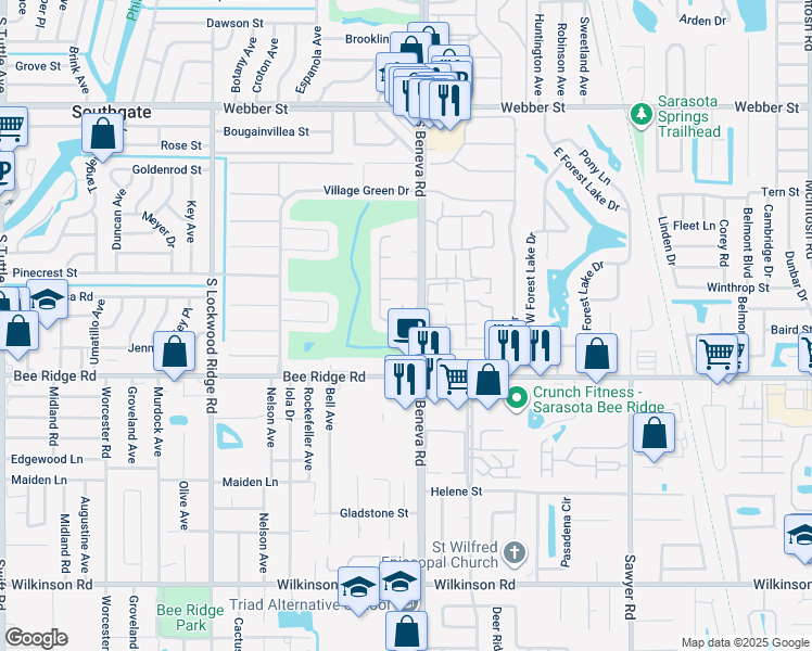 map of restaurants, bars, coffee shops, grocery stores, and more near 3632 Pembrook Drive in Sarasota