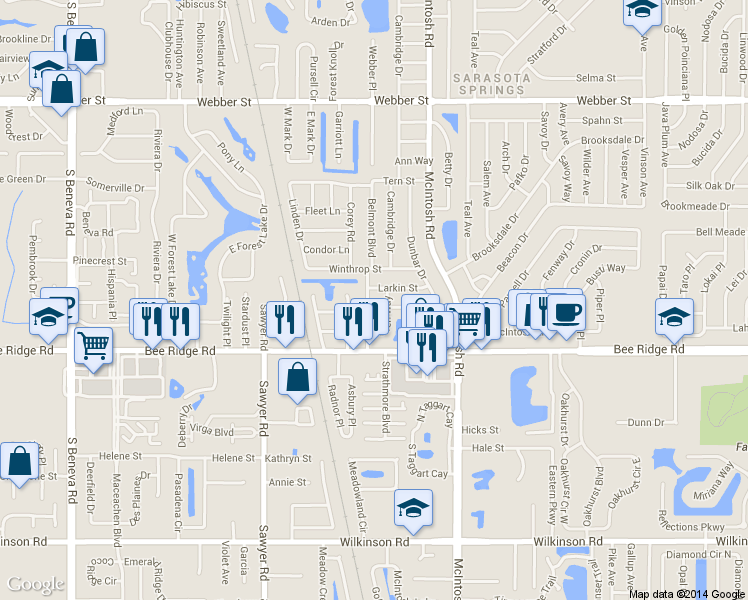 map of restaurants, bars, coffee shops, grocery stores, and more near 3714 Belmont Boulevard in Sarasota