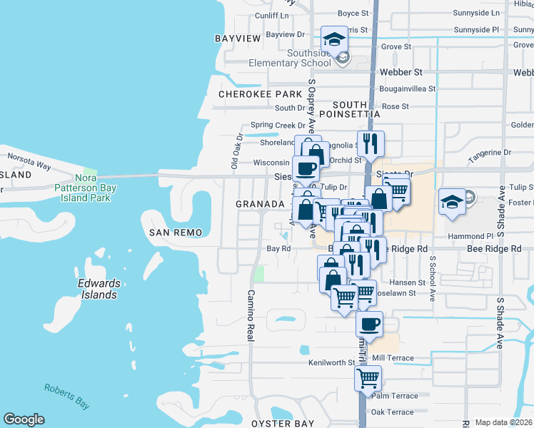 map of restaurants, bars, coffee shops, grocery stores, and more near 1726 Stapleton Street in Sarasota