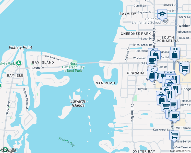 map of restaurants, bars, coffee shops, grocery stores, and more near 1340 Tangier Way in Sarasota