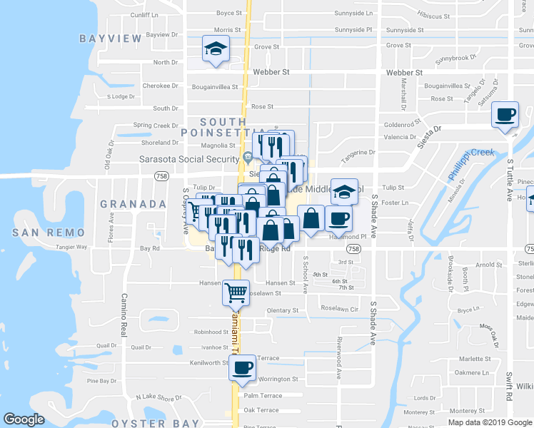 map of restaurants, bars, coffee shops, grocery stores, and more near 3501 South Tamiami Trail in Sarasota