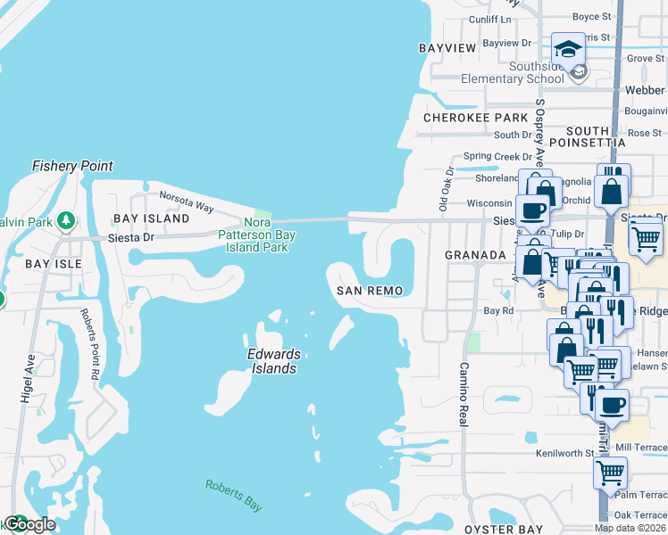 map of restaurants, bars, coffee shops, grocery stores, and more near 1340 Tangier Way in Sarasota