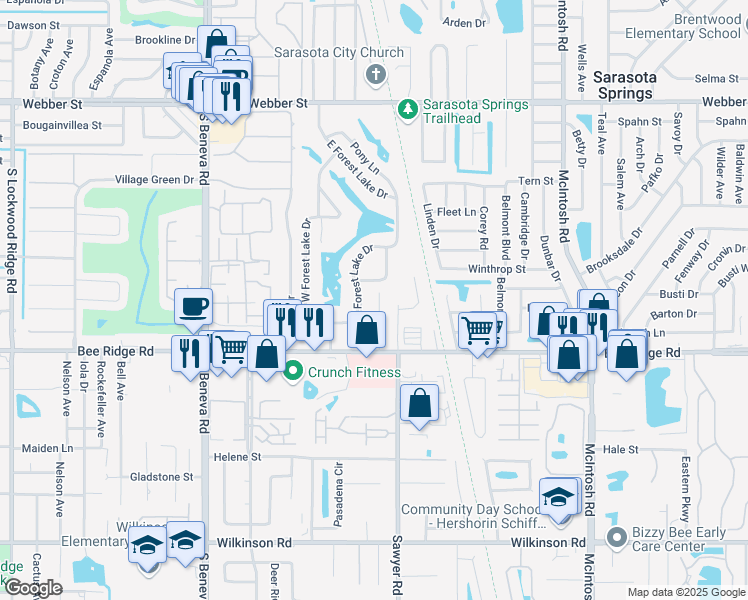 map of restaurants, bars, coffee shops, grocery stores, and more near 3602 Stardust Place in Sarasota