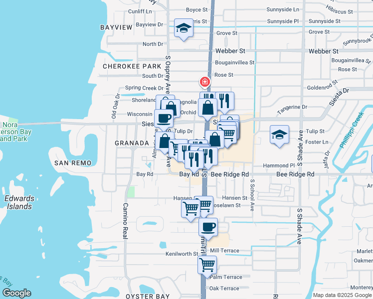 map of restaurants, bars, coffee shops, grocery stores, and more near 3565 Honeysuckle Drive in Sarasota