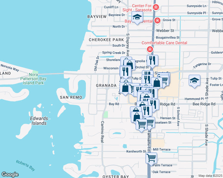 map of restaurants, bars, coffee shops, grocery stores, and more near 3612 Jacinto Court in Sarasota
